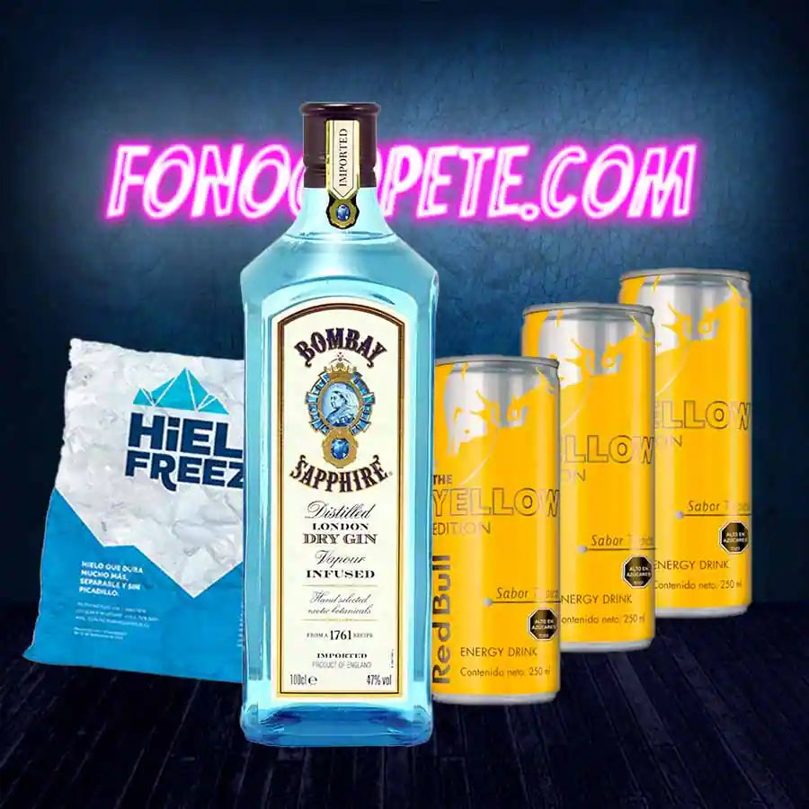 Promo Tropical Gin; Gin Bombay + 3 Redbull Tropical + Hielo