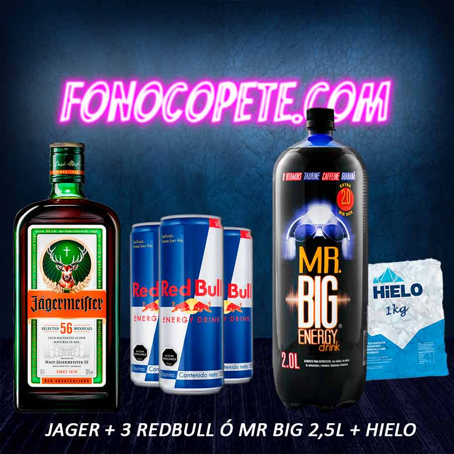 Promo Jager + 3 Redbull ó Mr Big 2.5lt + Hielo
